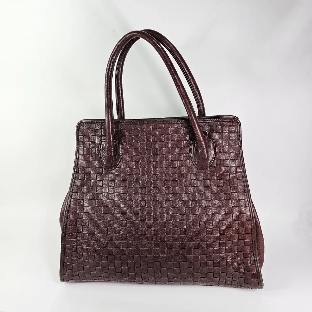 Vtg Monet Woven Leather Tote Shoulder Bag Intrecciato Burgundy Maroon Satchel
